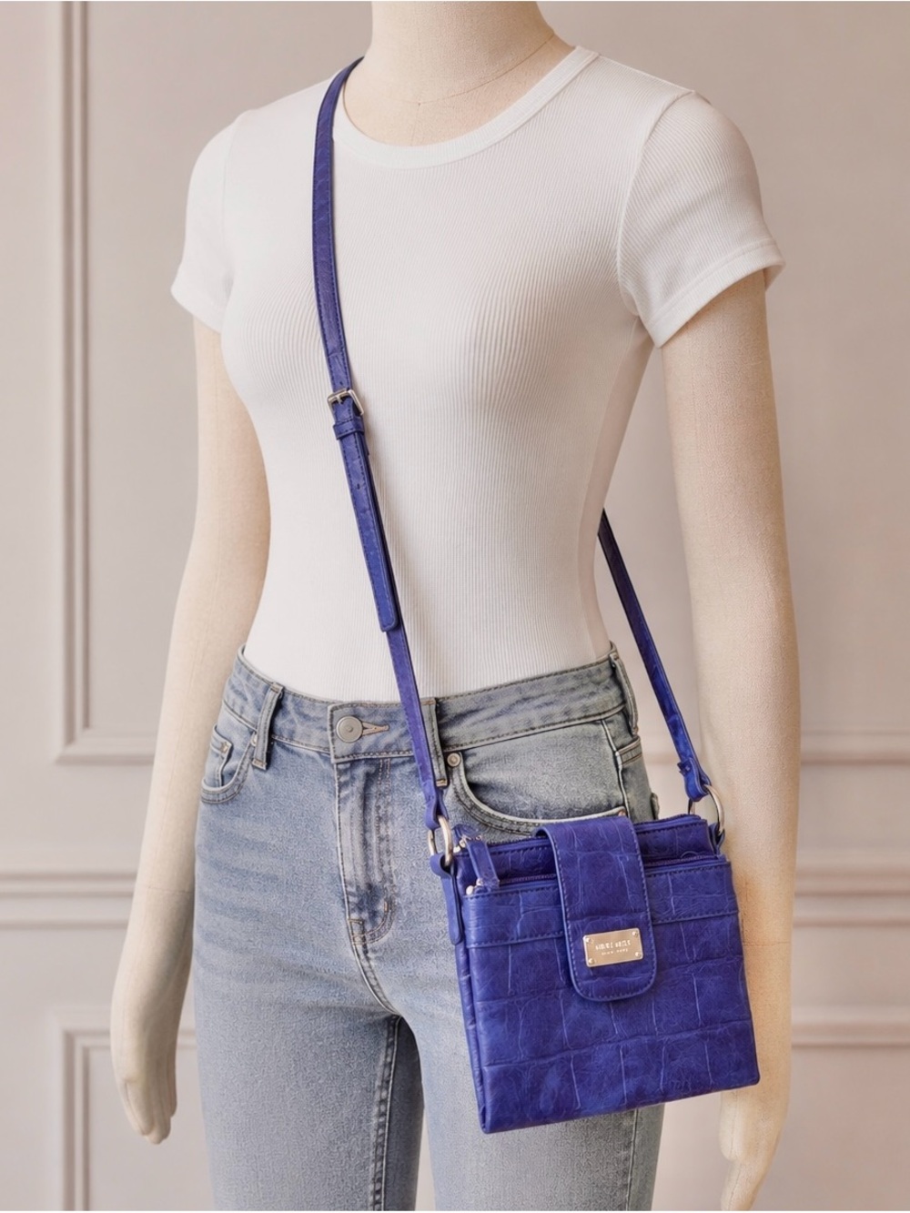 Nine West Cobalt Blue Crossbody Purse Faux Croc Embossed Organizer Bag